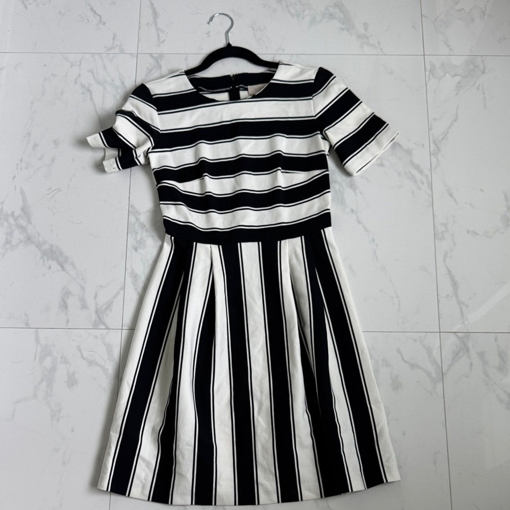 LOFT Elegant Black and White Striped Midi Dress